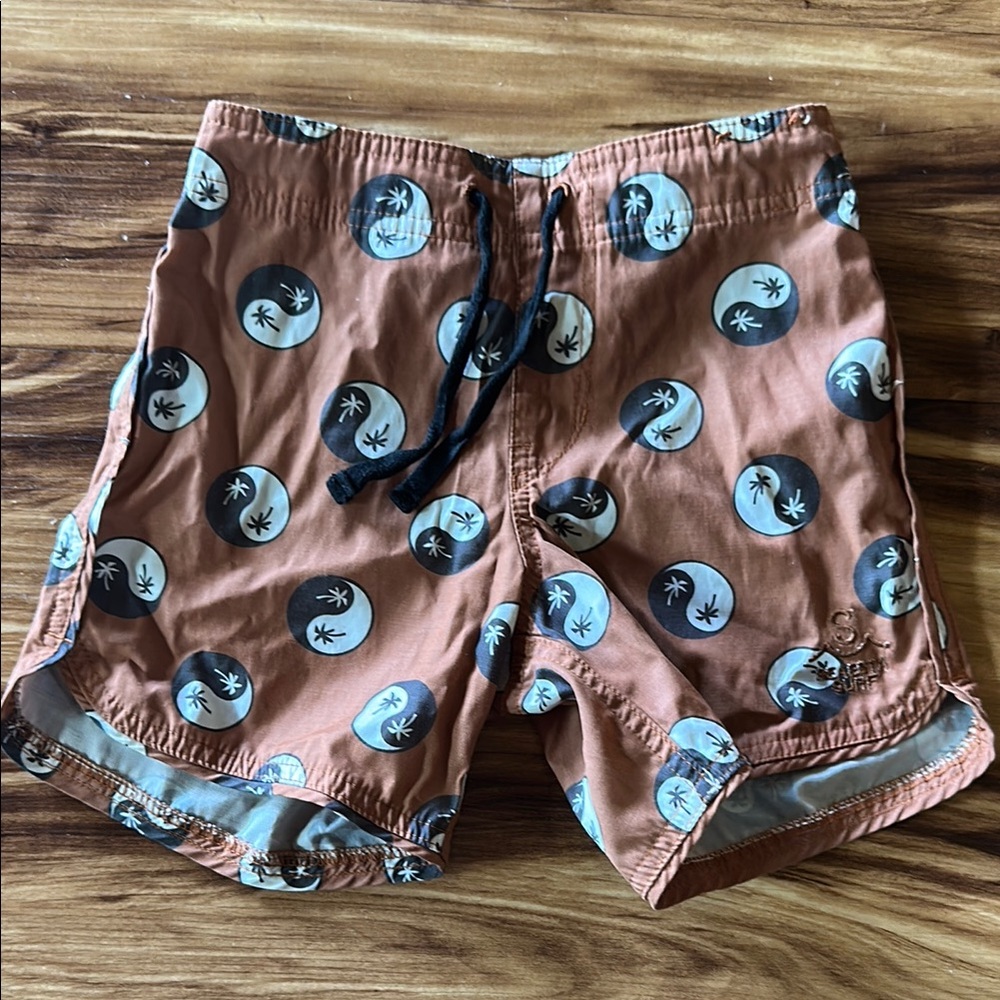 Brown and Black Swim Trunks with Elastic Waistband